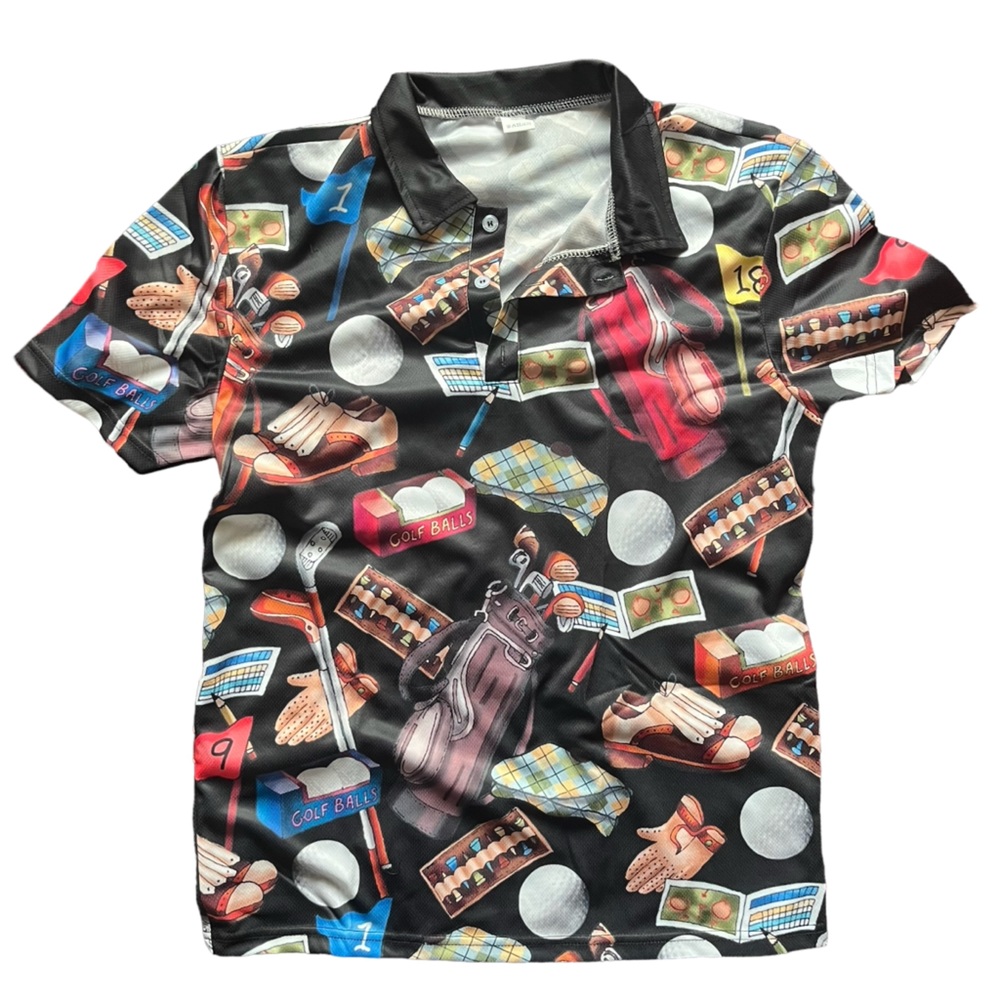 Golf Retro Digital Print Men’s S Short Sleeve Lapel Shirt Mixed Brown/ Black